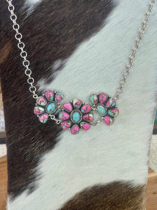 Handmade Sterling Silver Cotton Candy Turquoise Necklace with Signed Nizhoni