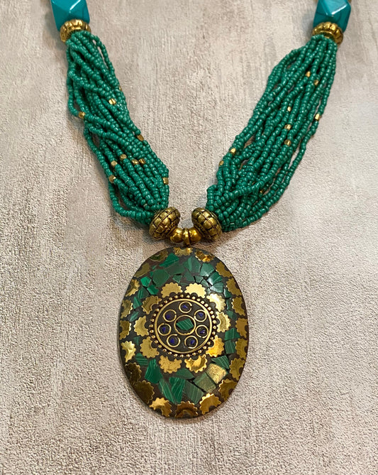 Gold Tone Bohemian Turquoise Colored Beaded Statement Necklace