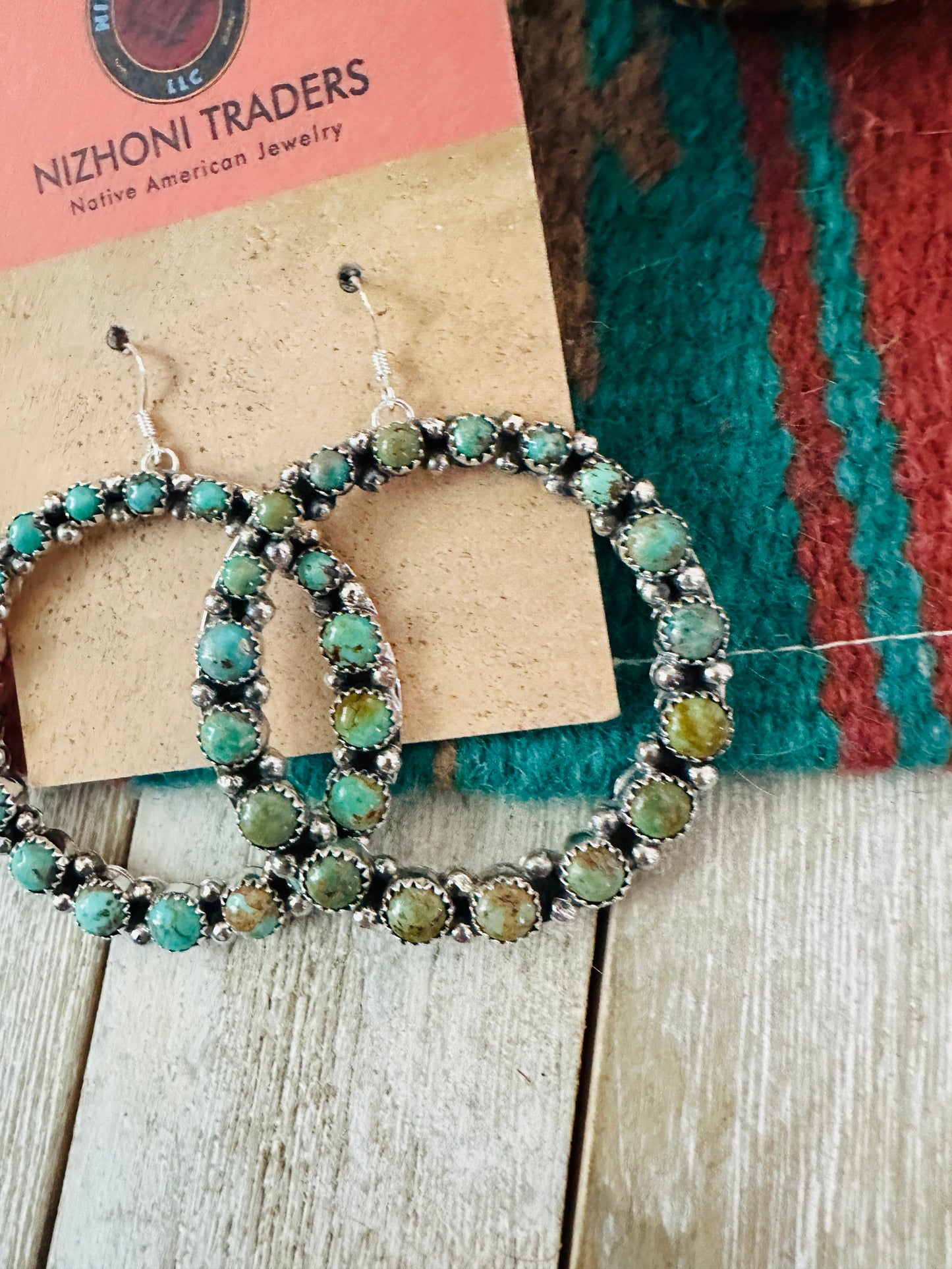 Handcrafted Turquoise and Sterling Silver Dangle Hoop Earrings