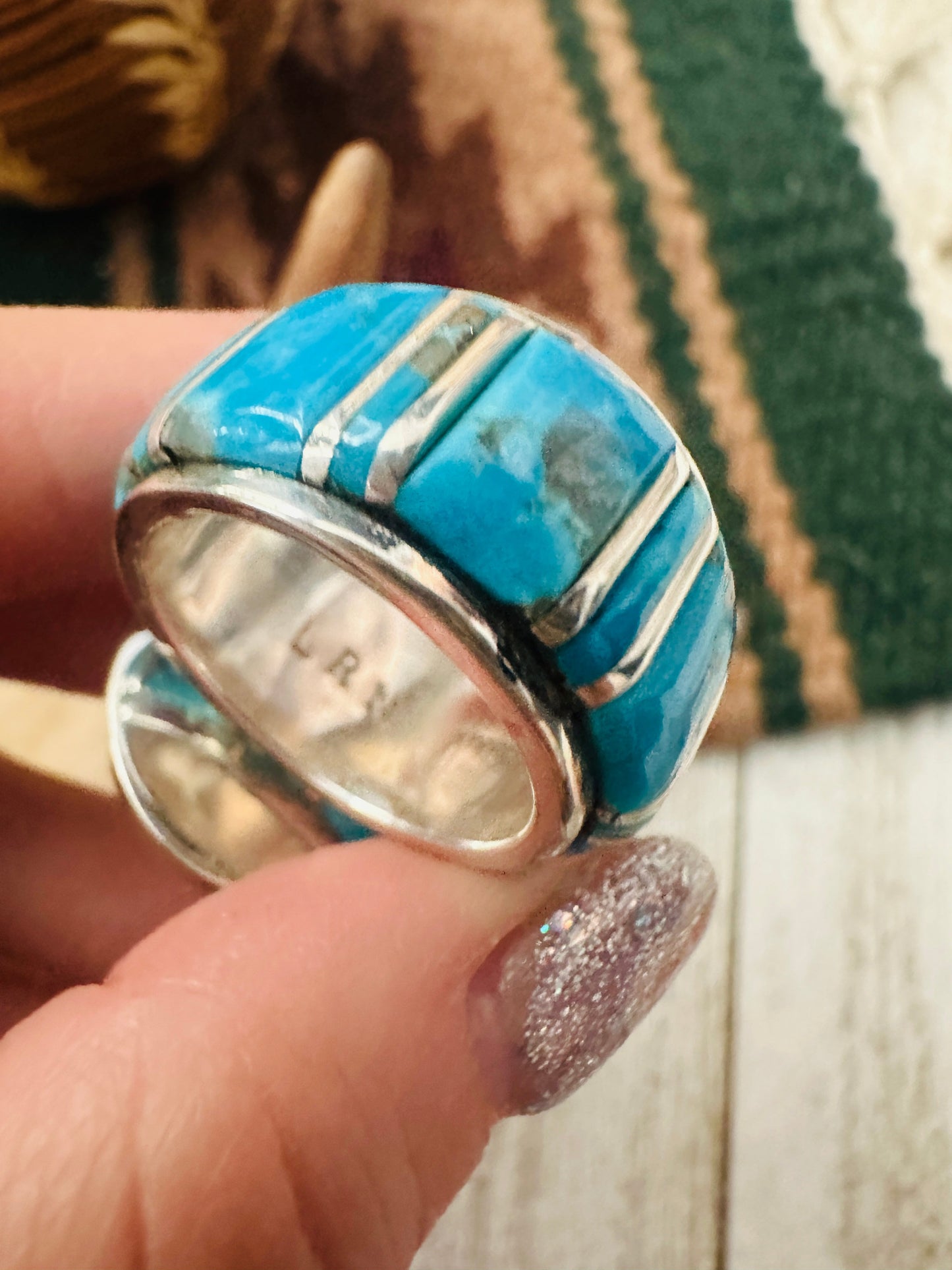 Handcrafted Sterling Silver, Turquoise & Opal Inlay Band Ring Size 7.5