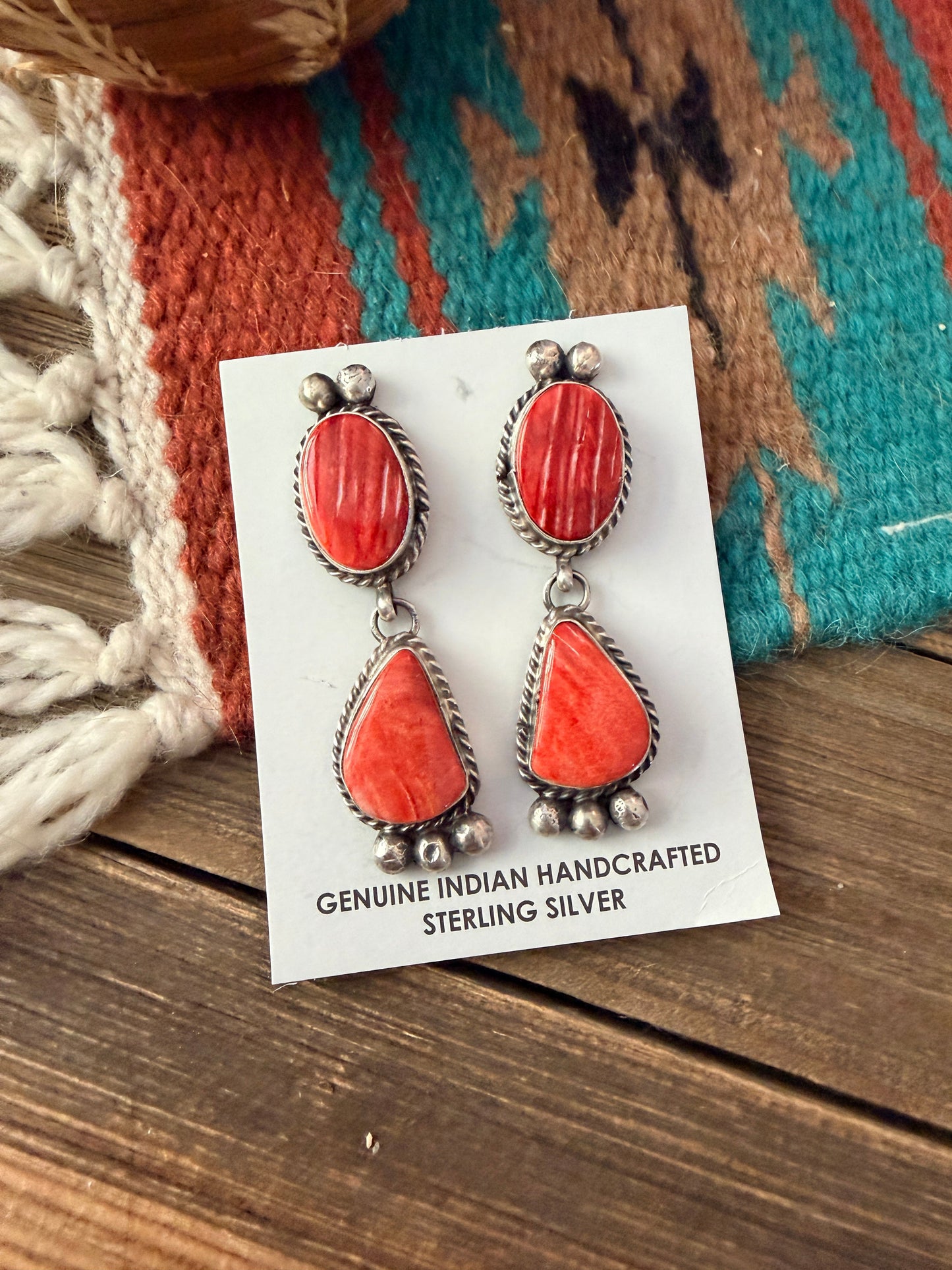 Handcrafted Red & Orange Spiny and Sterling Silver Dangle Earrings by Vicky Hicks
