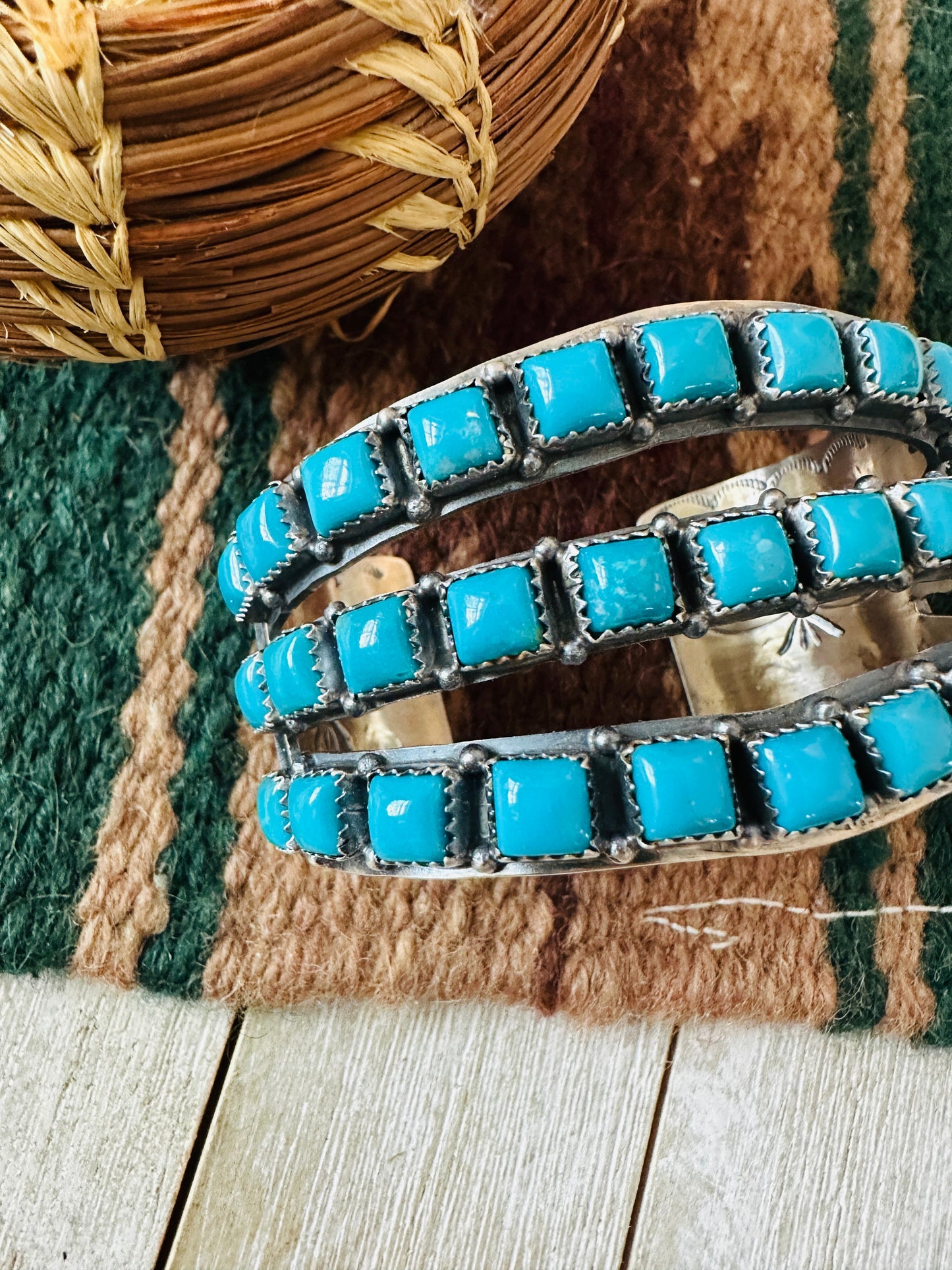 Handcrafted Sterling Silver & Turquoise Triple Row Cuff Bracelet /