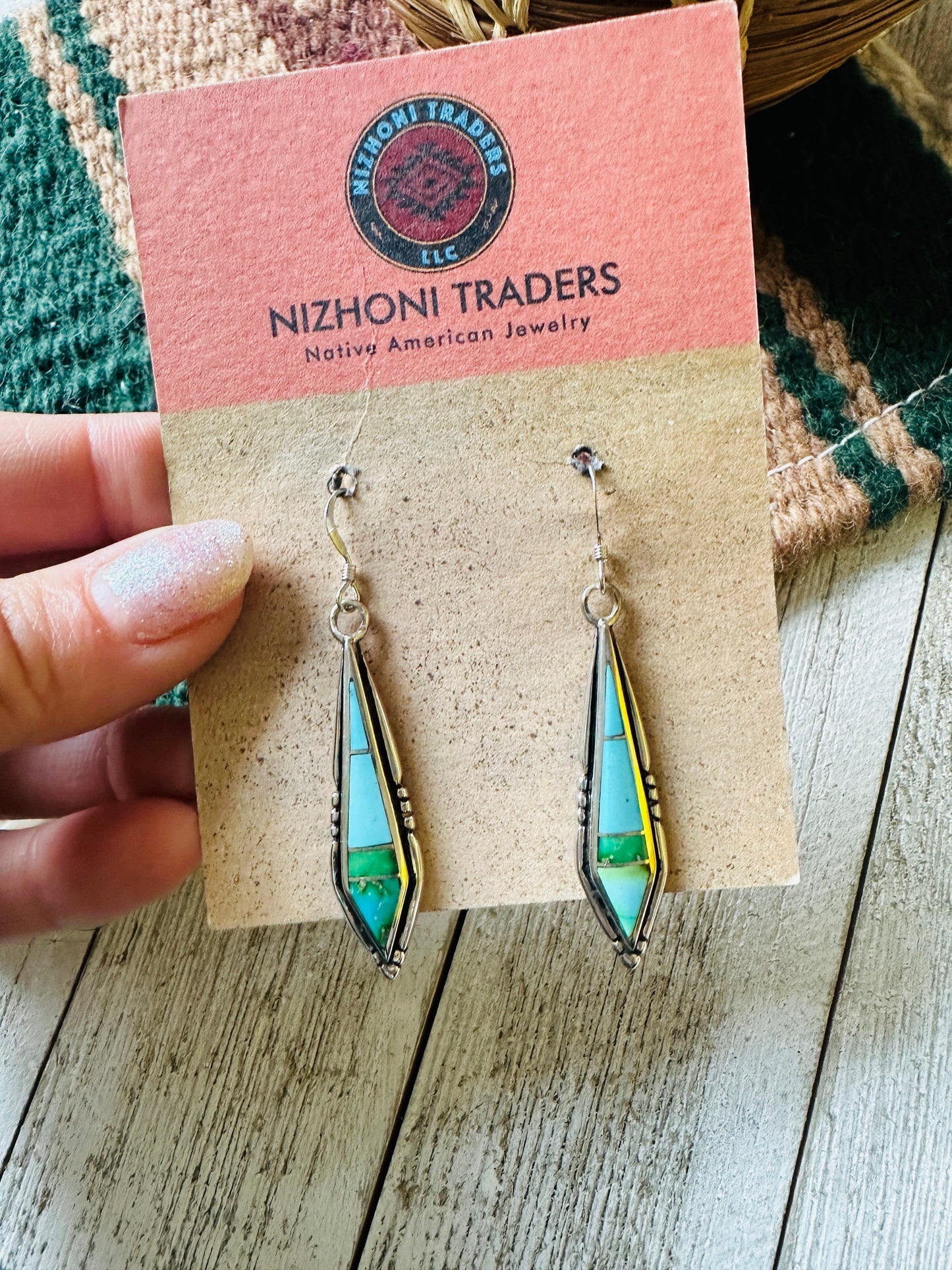 Handcrafted Sonoran Mountain Turquoise And Sterling Silver Inlay Dangle Earrings