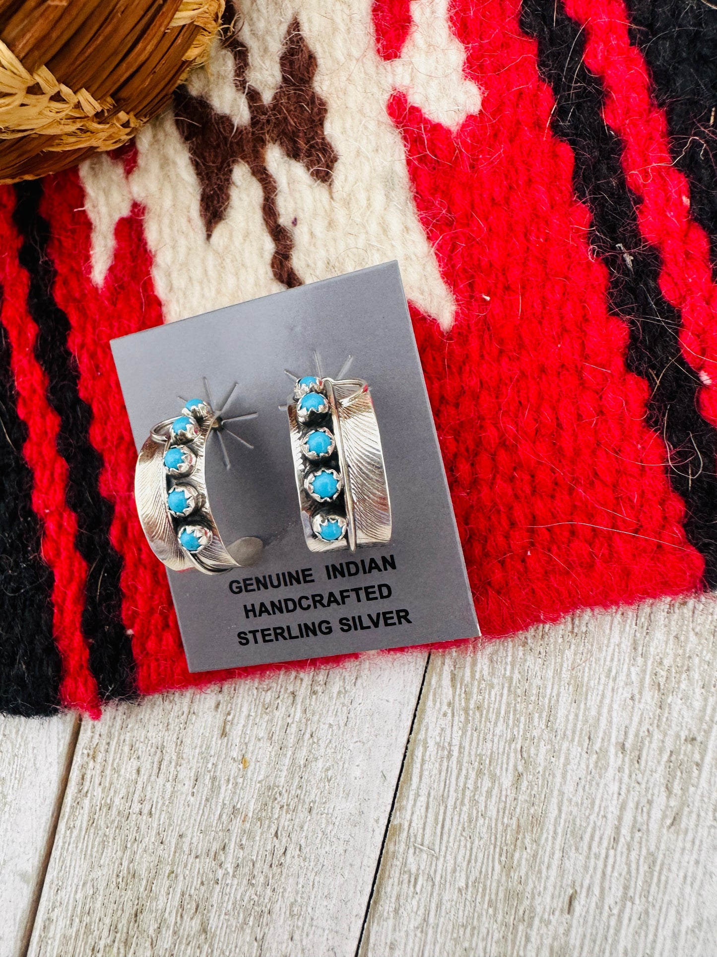 Handcrafted Turquoise & Sterling Silver Feather Hoop Earrings