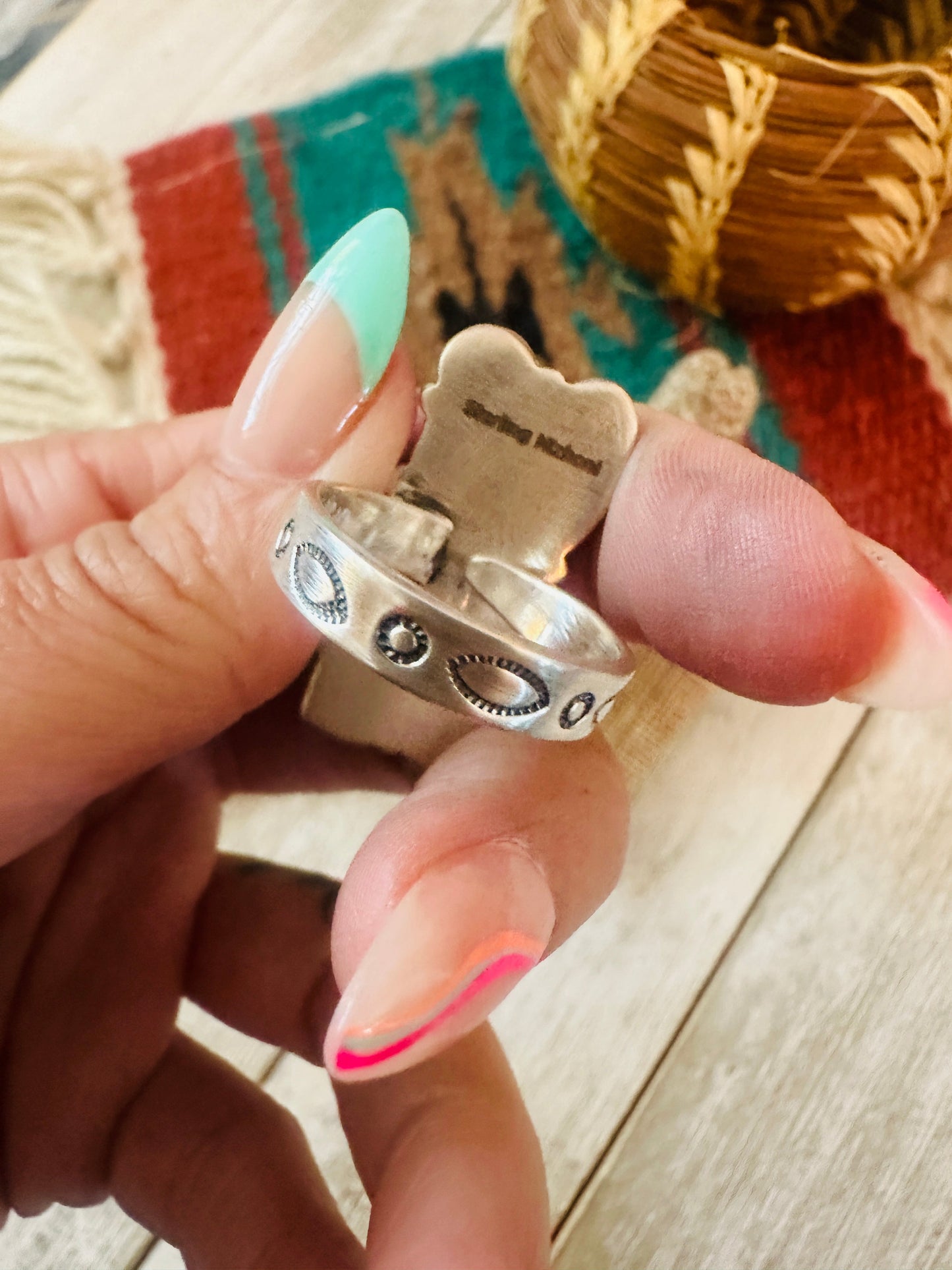 ** Christmas Collection ** Handmade Sterling Silver, Turquoise & Coral Adjustable Ring Signed Nizhoni