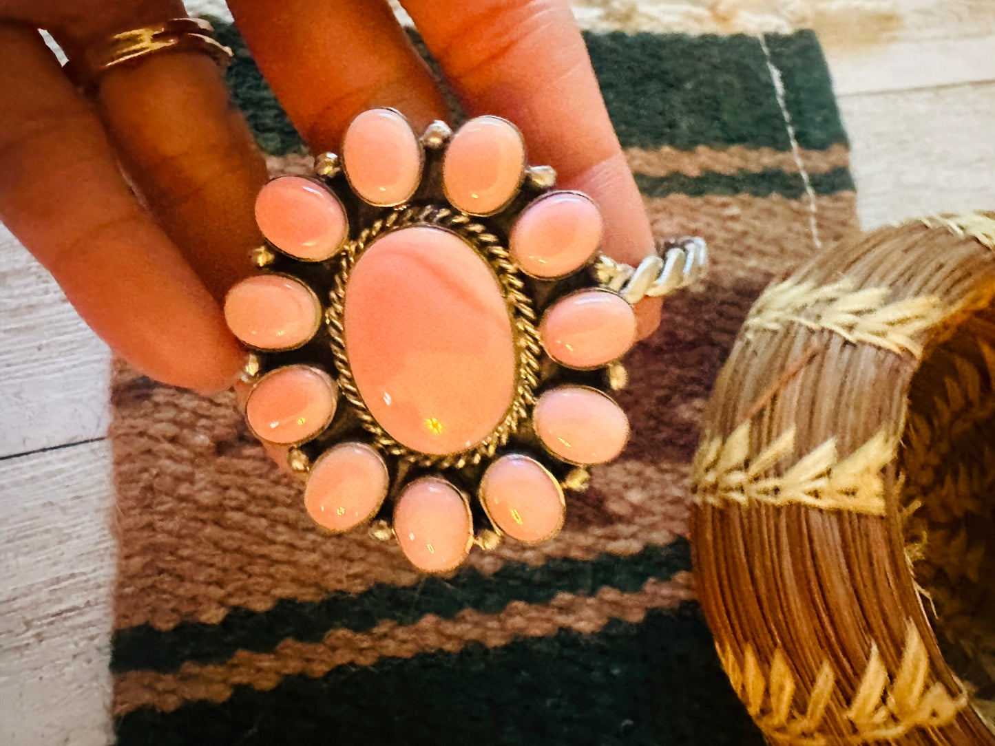Handcrafted Queen Pink Conch Shell & Sterling Silver Cluster Cuff Bracelet