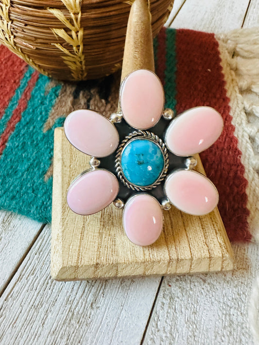 Handcrafted Sterling Silver, Queen Pink Conch & Turquoise Adjustable Flower Ring