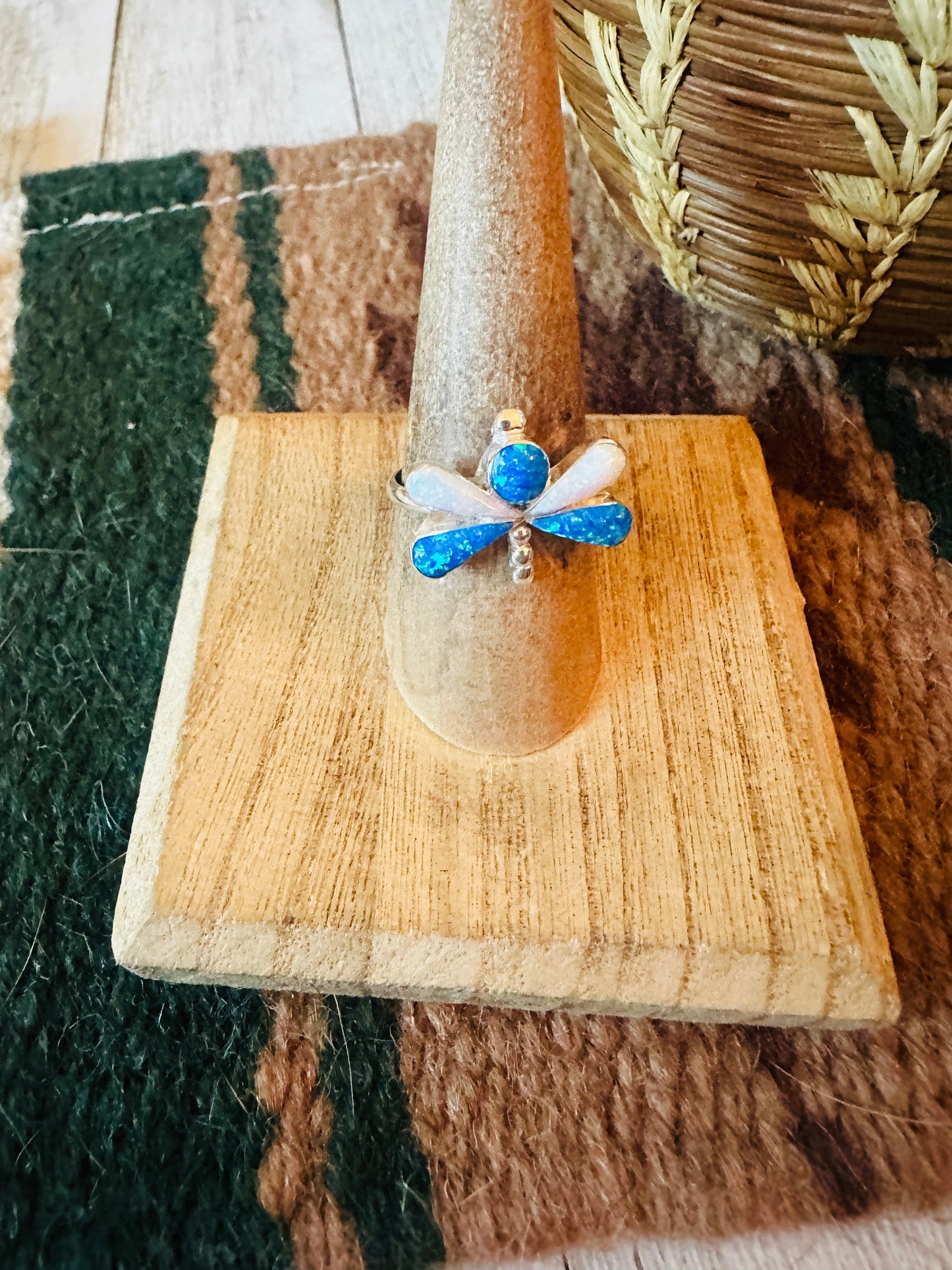 Handcrafted Sterling Silver, Blue & White Opal Dragonfly Ring