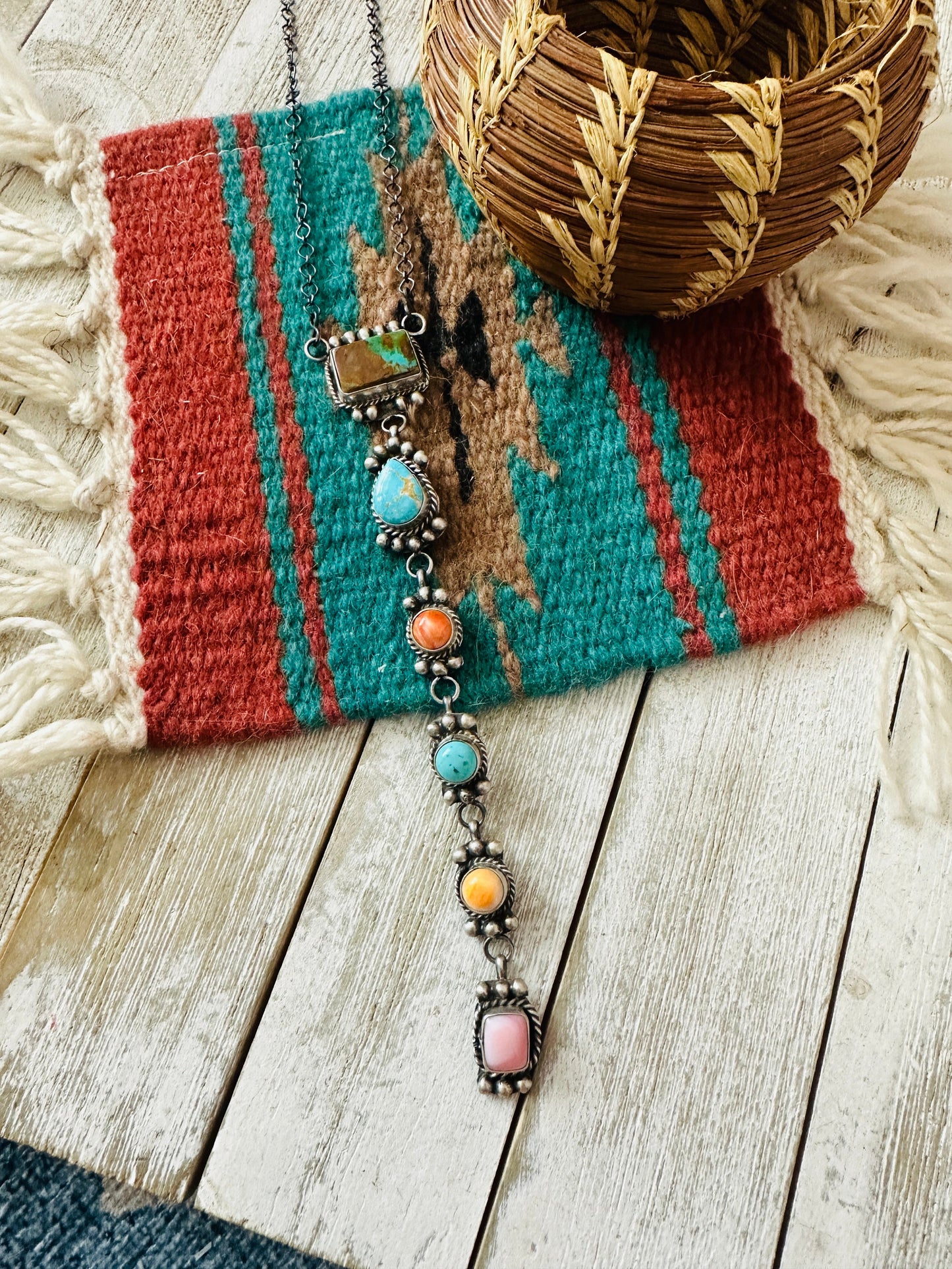 Handcrafted Sterling Silver & Multi Stone Lariat Necklace