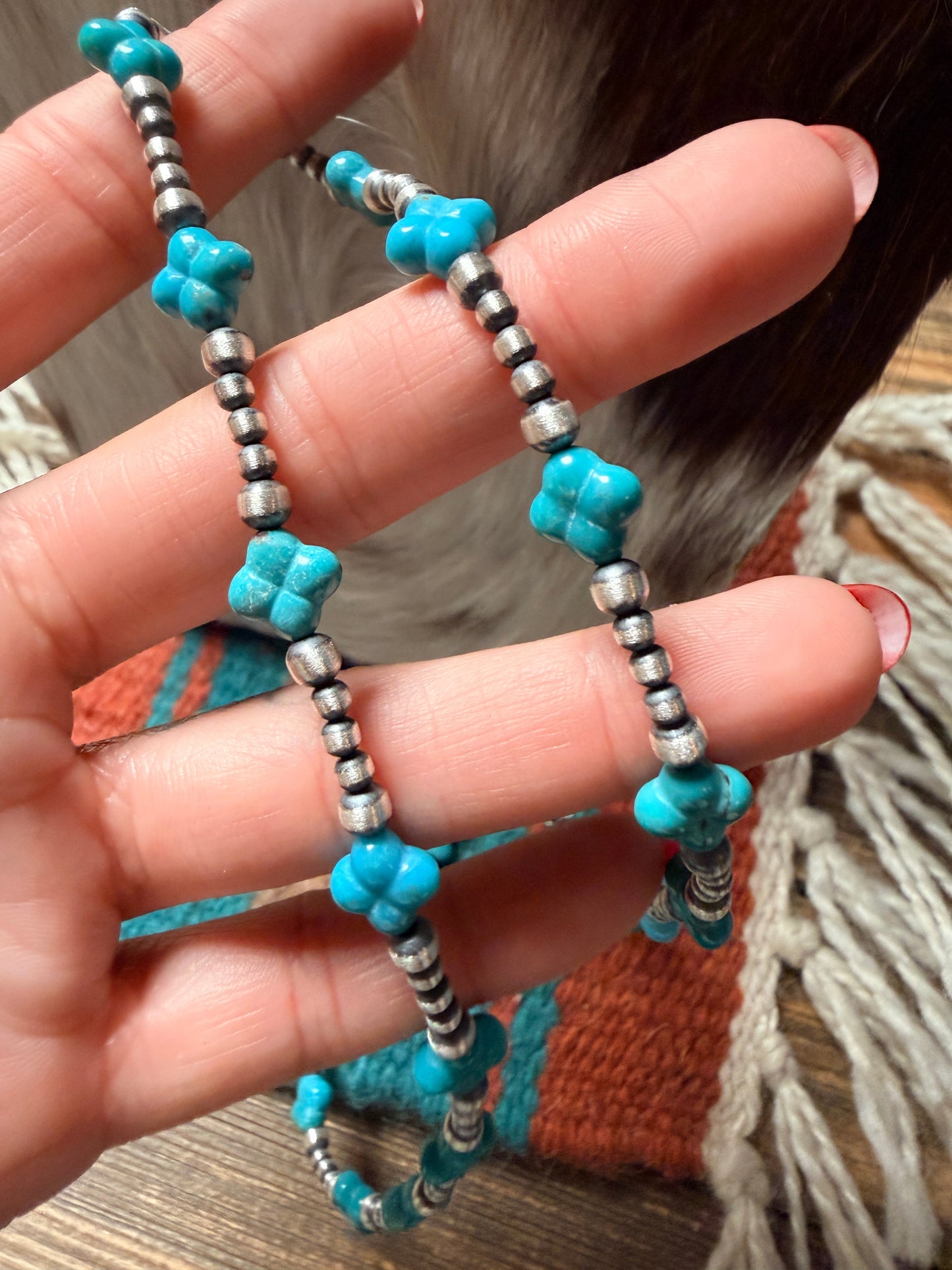 Handcrafted Quatrefoil Shaped Turquoise & Sterling Silver Pearl 20" Beaded Necklace
