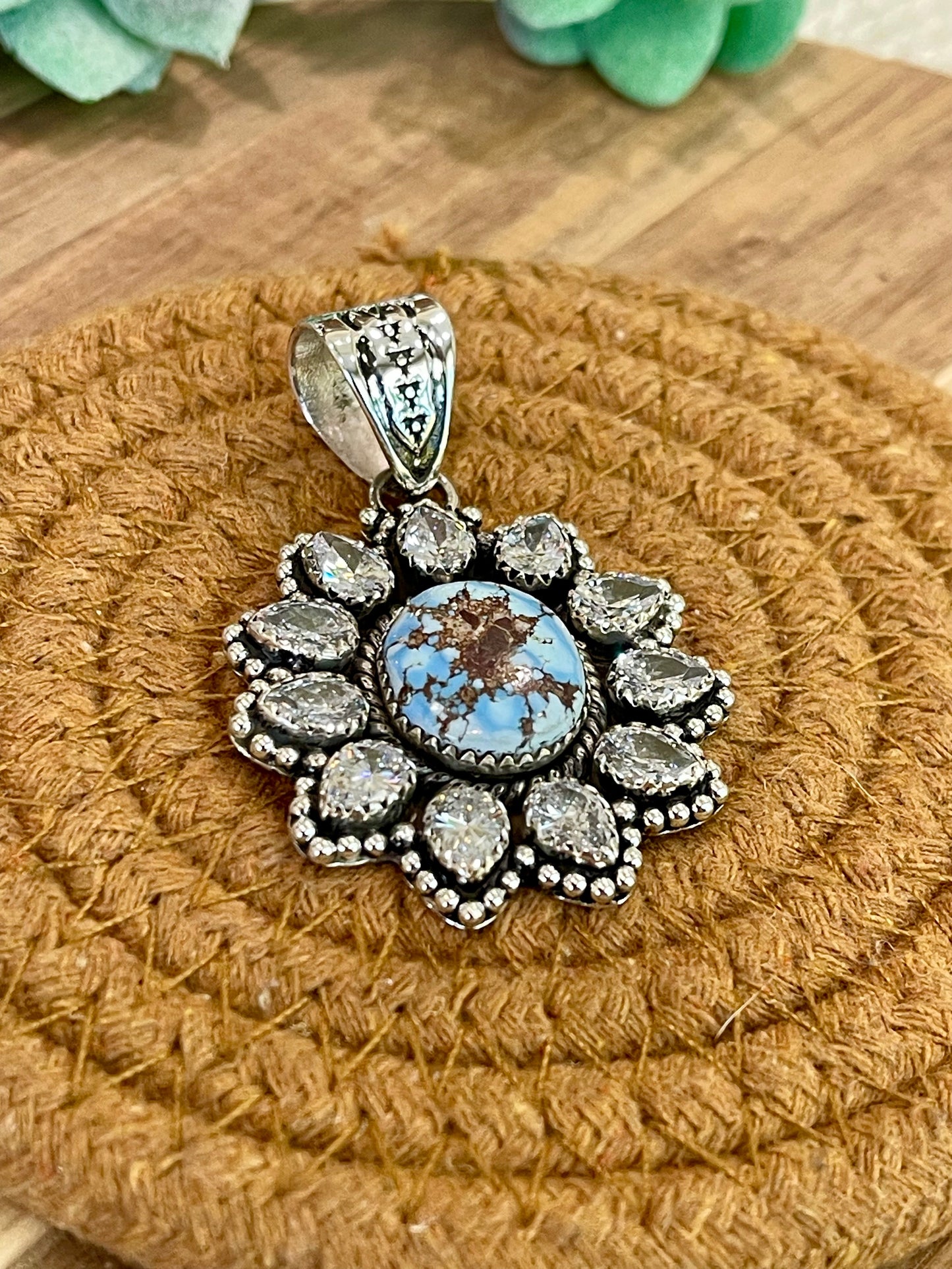Handmade Golden Hills Turquoise, Sterling Silver & CZ Cluster Pendant Signed Nizhoni