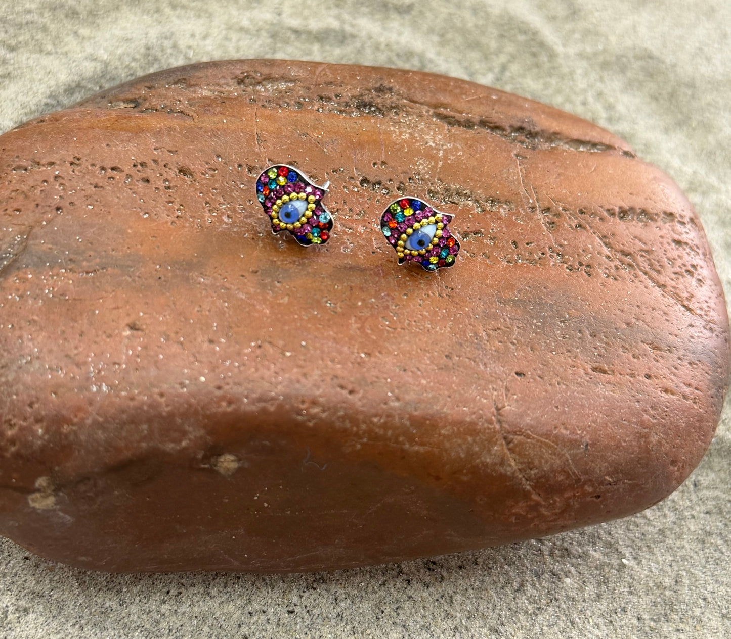Hamsa Multi-Color Evil Eye Sterling Silver Stud Earrings