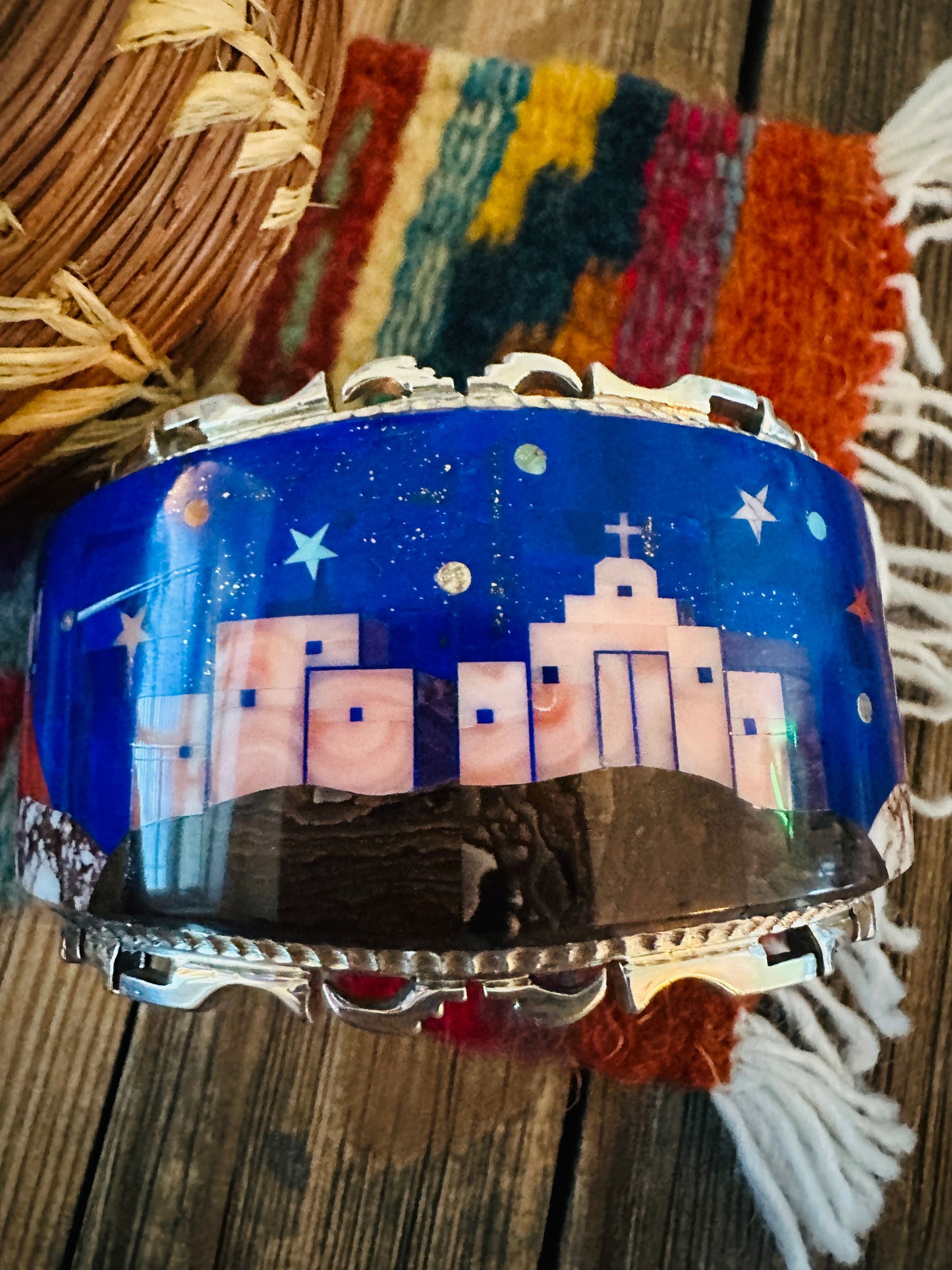 Handcrafted Sterling Silver & Multi Stone Inlay Pueblo Village Cuff Bracelet by Alvin Yellowhorse