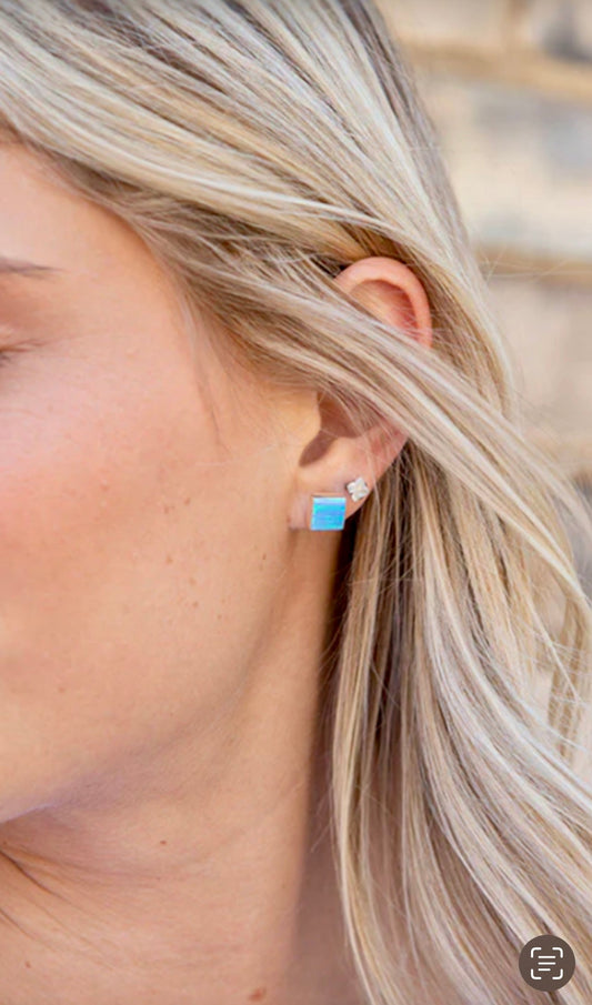 Square Light Blue Opal Sterling Silver Studs
