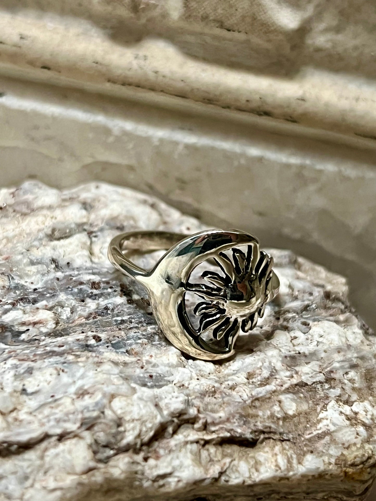Sun and Crescent Moon Sterling Silver Ring