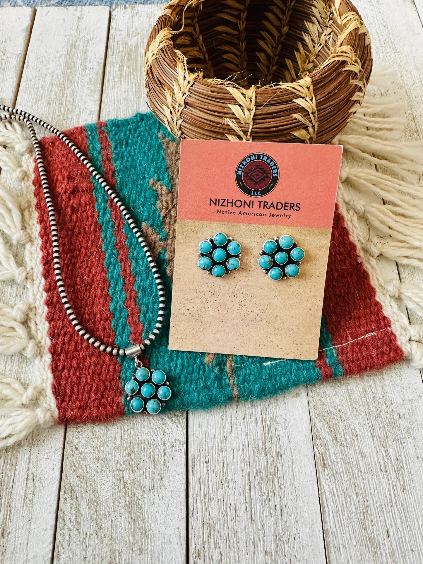 Handcrafted Sterling Silver & Turquoise Cluster Pendant and Earring Set