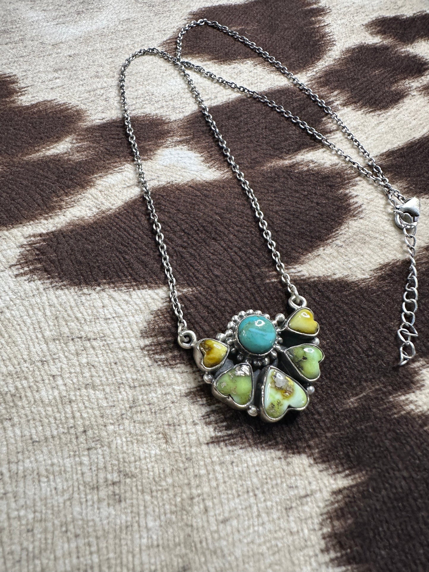 Beautiful Handmade Sterling Silver Kingman Turquoise & Palomino Turquoise Crescent Heart Necklace
