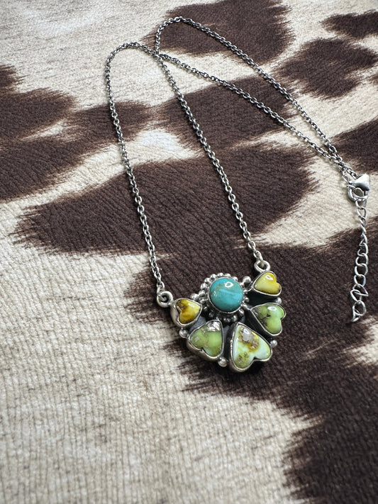 Beautiful Handmade Sterling Silver Kingman Turquoise & Palomino Turquoise Crescent Heart Necklace