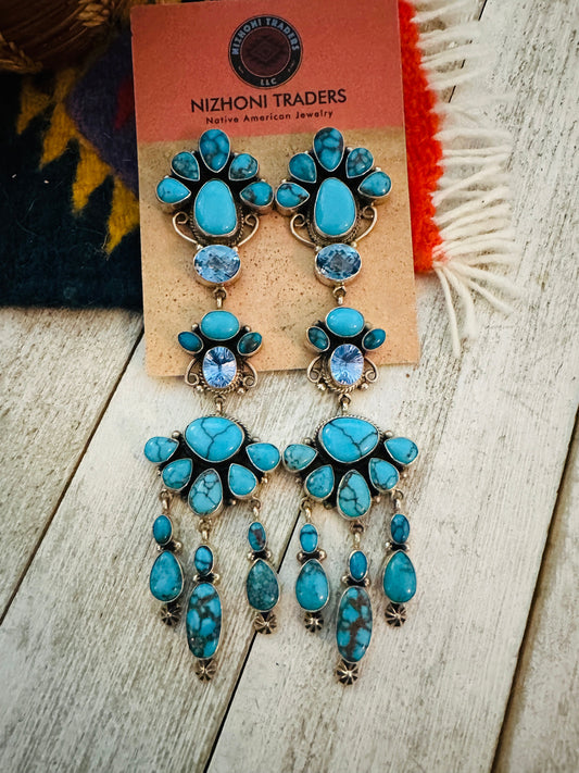 Handcrafted Turquoise, Topaz & Sterling Silver Chandelier Dangle Earrings