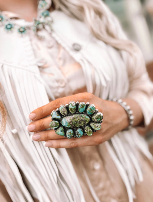 Handcrafted Sonoran Mountain Turquoise & Sterling Silver Ring Size 7.5. Signed TRAVIS J