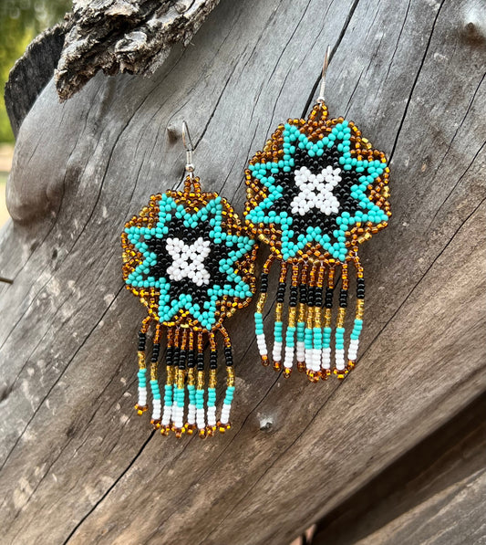 Handmade MultiColor Beaded Dangle Earrings (Gold & Turquoise)