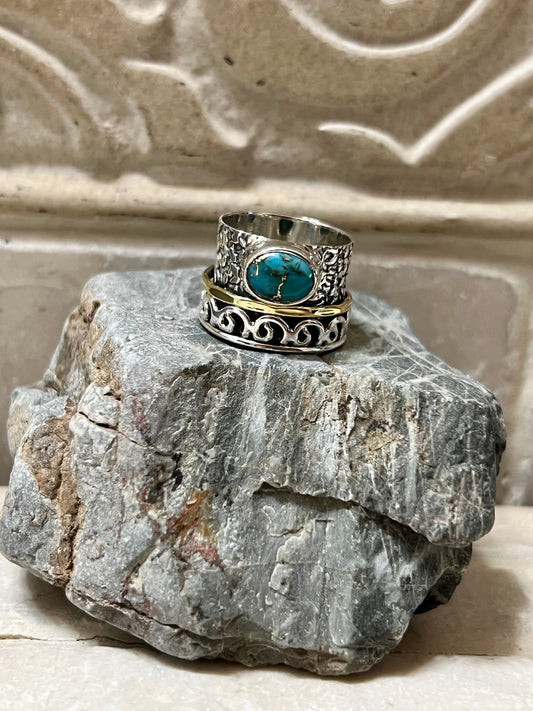 Copper Turquoise Sterling Silver, Gold, Copper Spinner Ring Size 7 “Lattice”