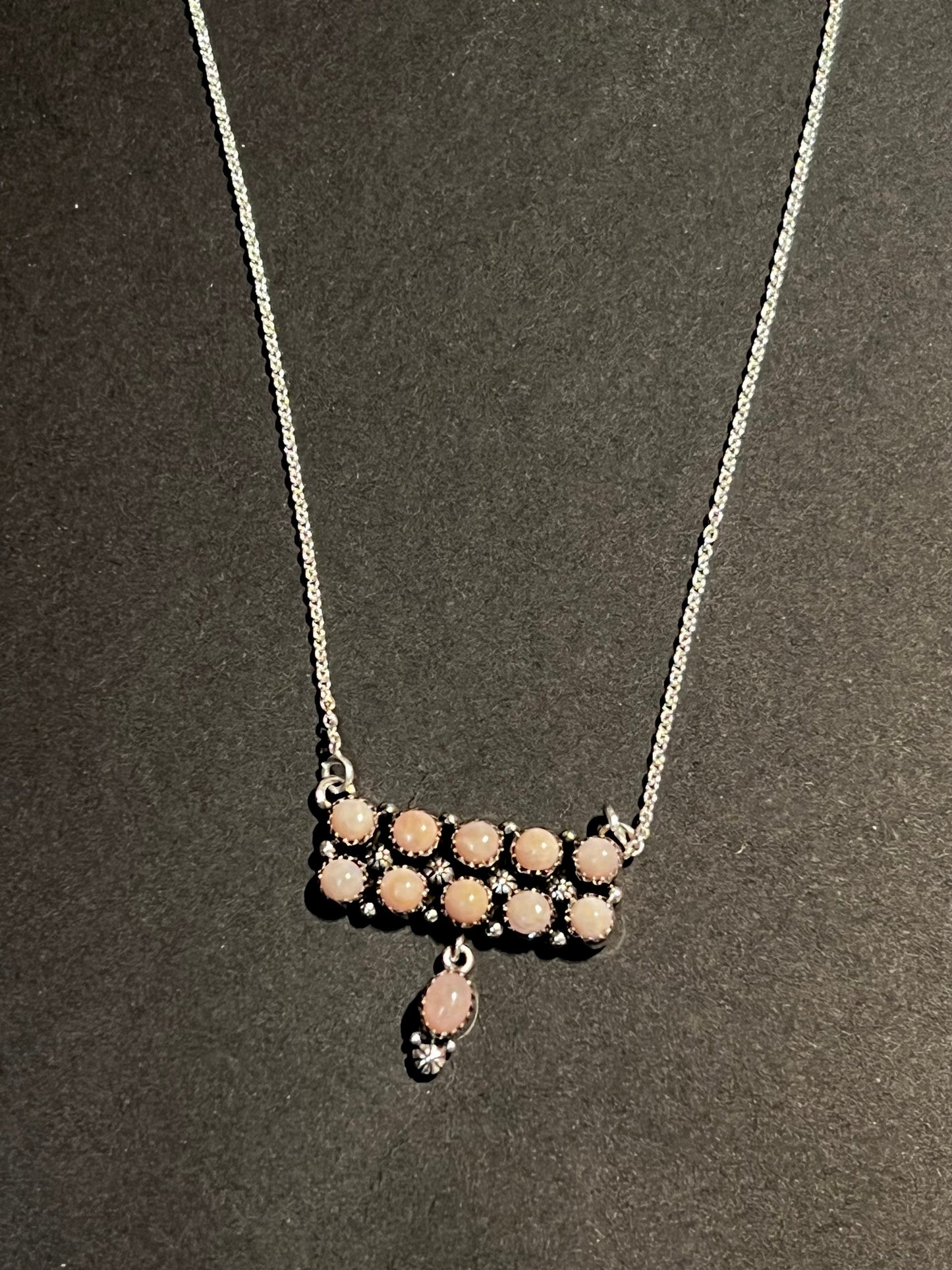 Handmade Sterling Silver & Pink Opal Tear Drop Dangle, Bar Necklace