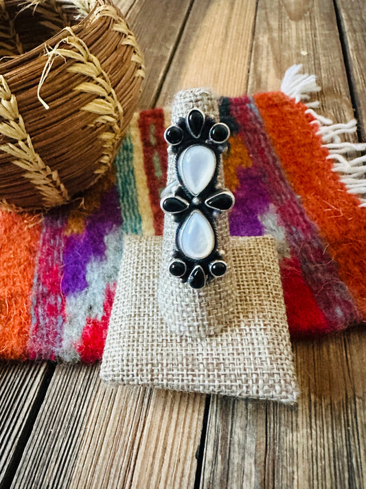 Handcrafted Onyx, Mother of Pearl & Sterling Silver Adjustable Ring by Sheila Becenti