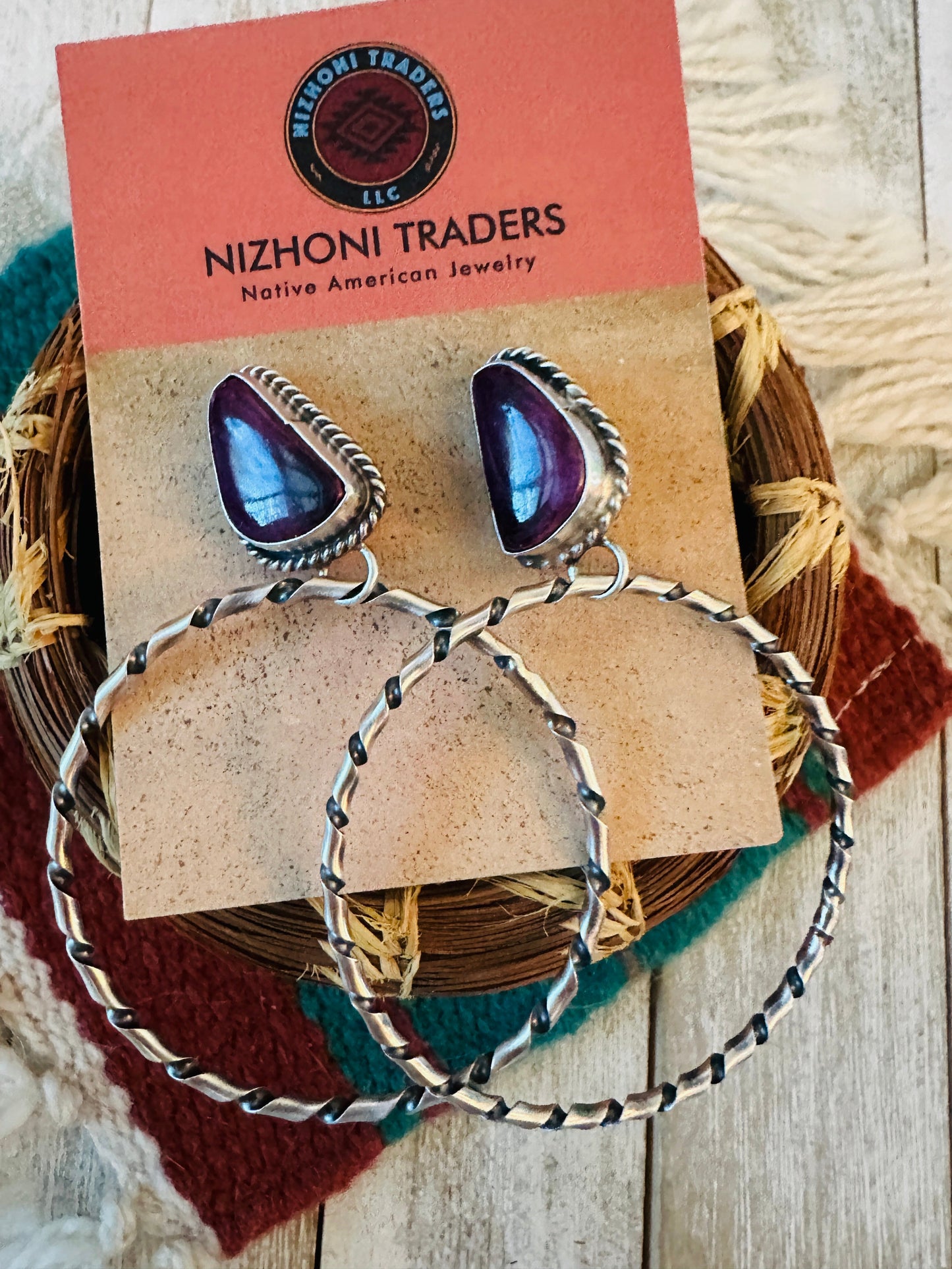 Handcrafted Purple Spiny and Sterling Silver Dangle Hoop Earrings