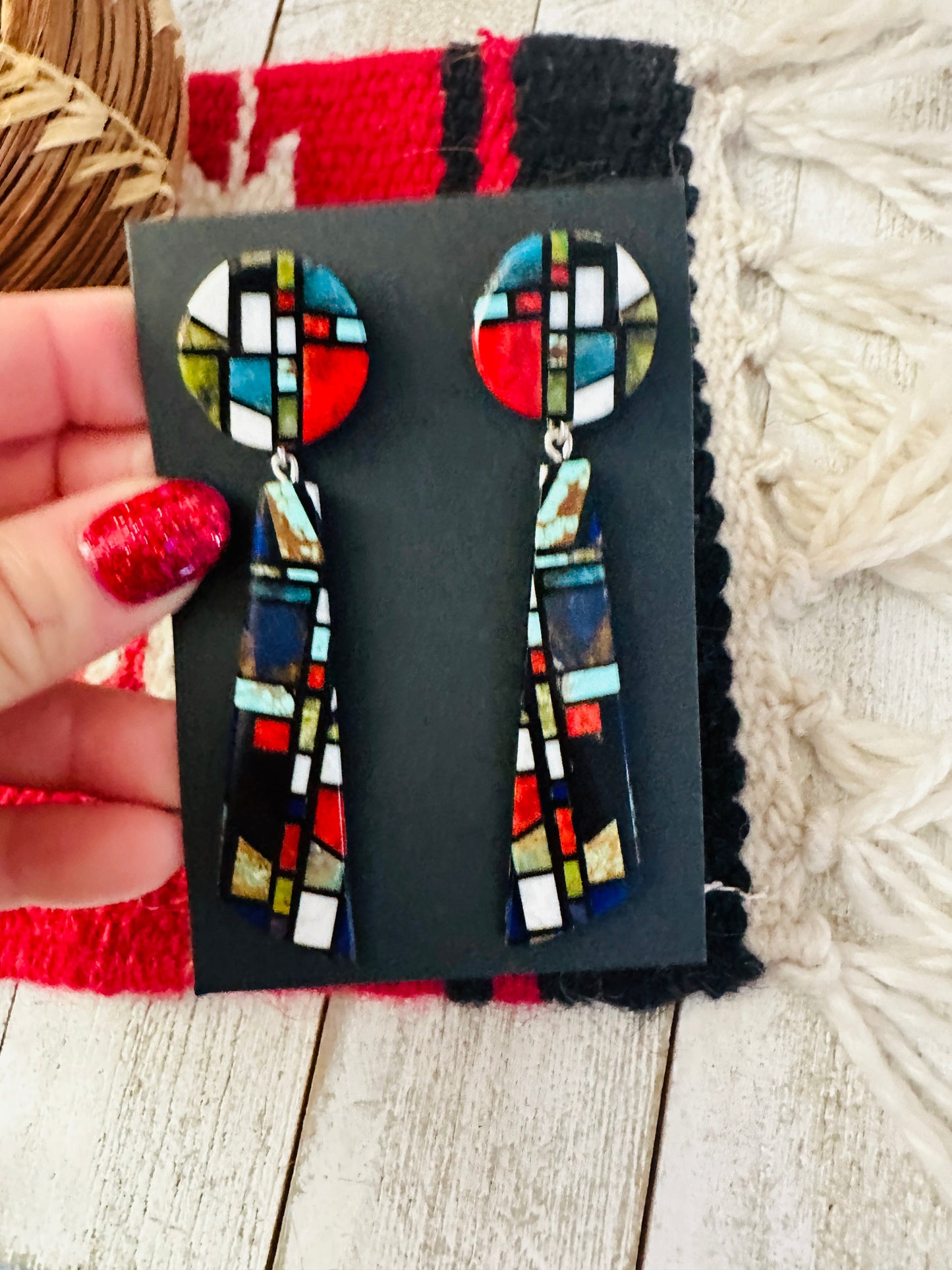 Handcrafted Multi Stone Inlay Dangle Earrings