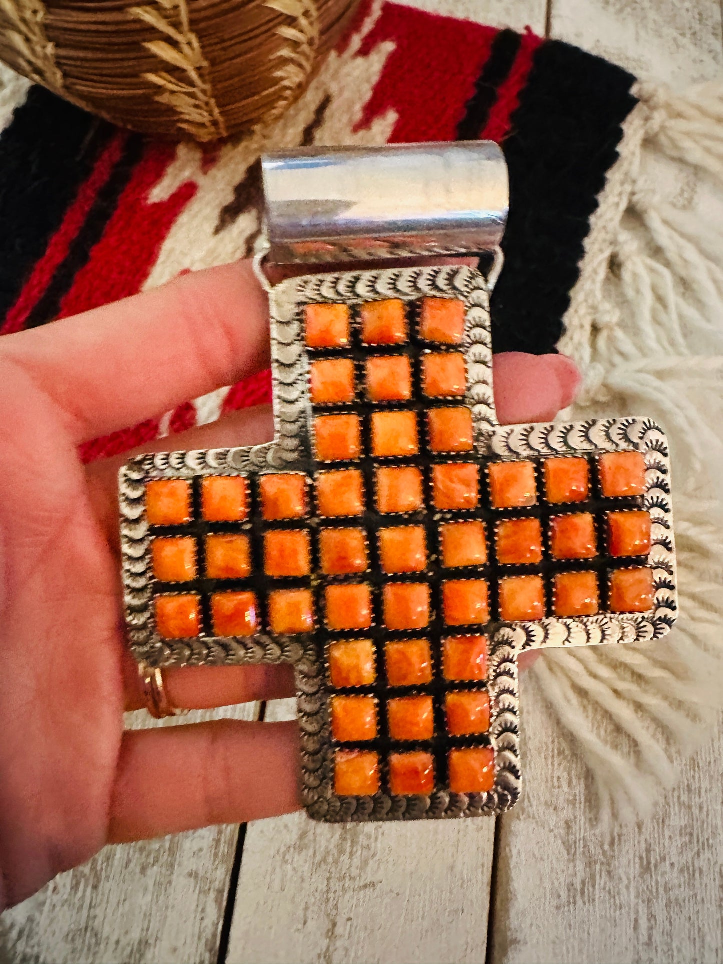 Handcrafted Sterling Silver & Orange Spiny Cross Pendant by Marcella James