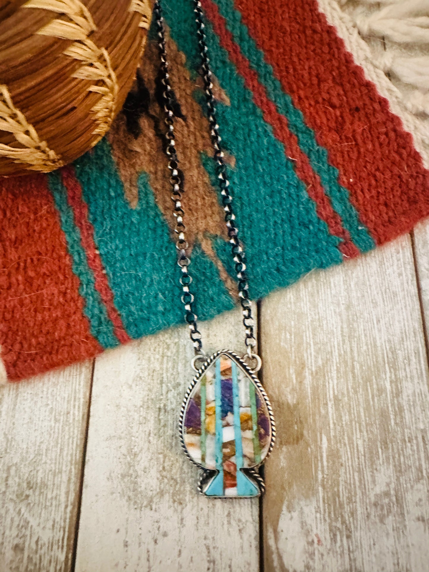 Handcrafted Sterling Silver & Multi Stone Inlay Spade Necklace