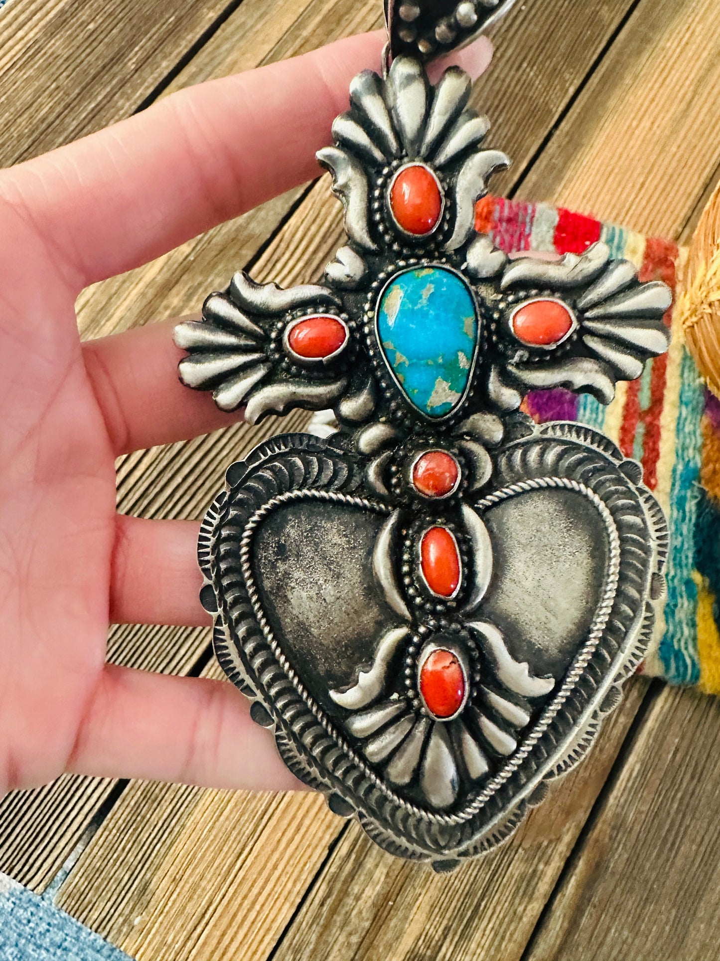 Handcrafted Sterling Silver, Turquoise & Coral Heart Cross Pendant by Shawn Cayatineto
