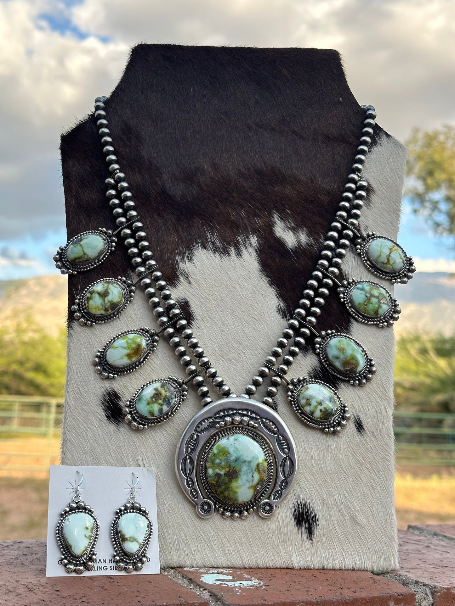 Handcrafted Sterling Silver & Palomino Turquoise Squash Blossom Necklace and Earring Set