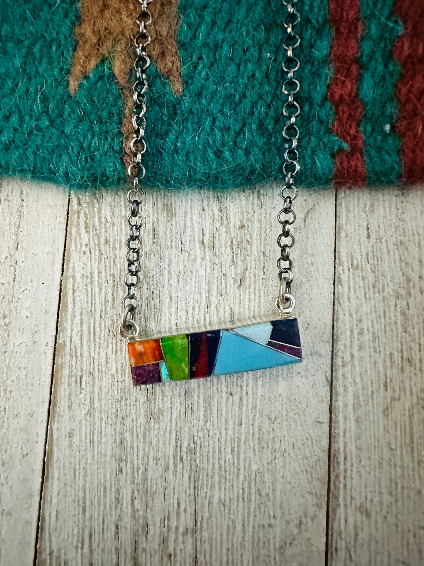 Handcrafted Multi Stone & Sterling Silver Inlay Bar Necklace