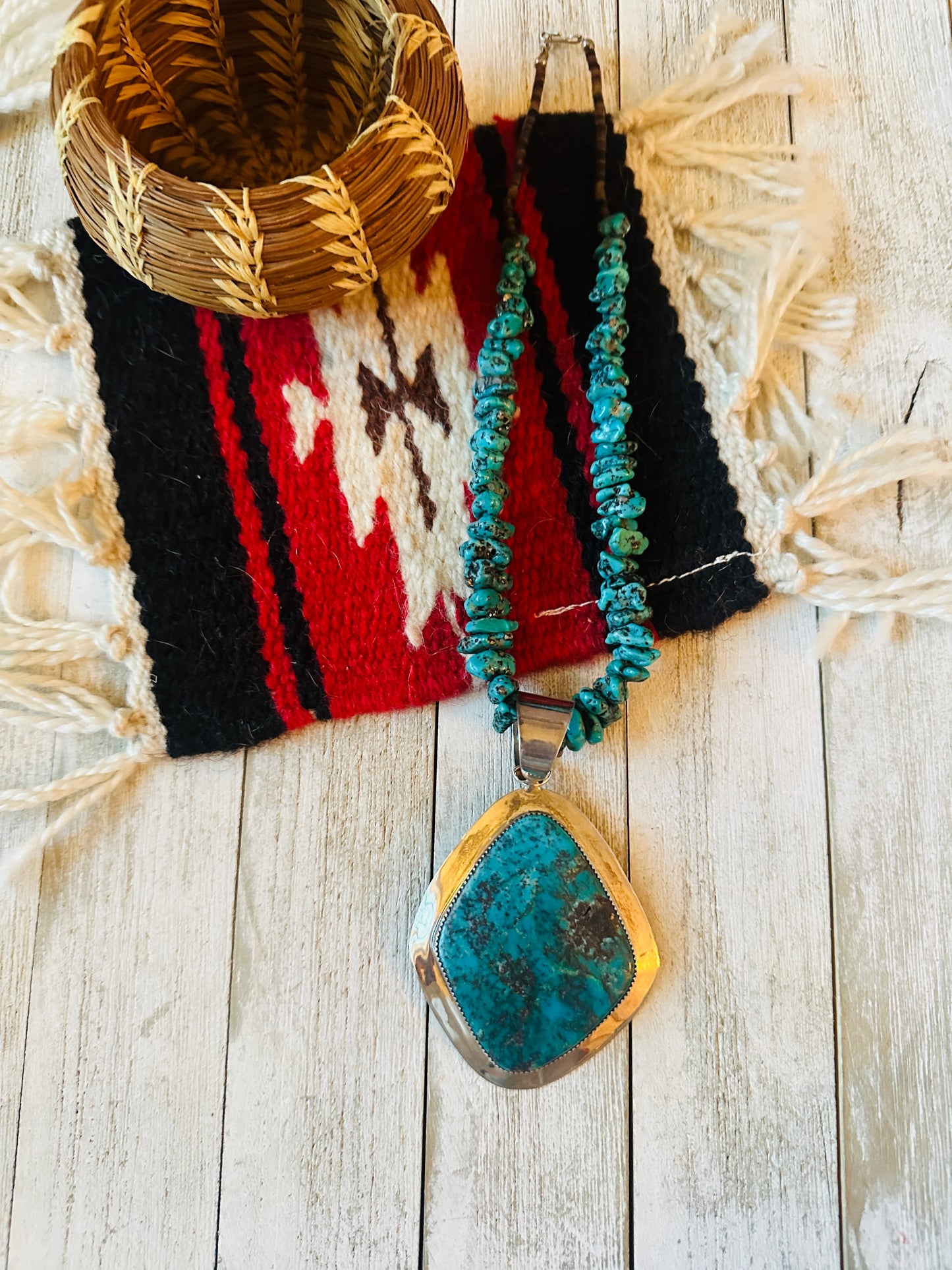 Vintage Old Pawn Handcrafted Turquoise & Sterling Silver Beaded Necklace