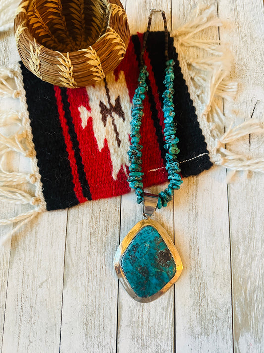 Vintage Old Pawn Handcrafted Turquoise & Sterling Silver Beaded Necklace