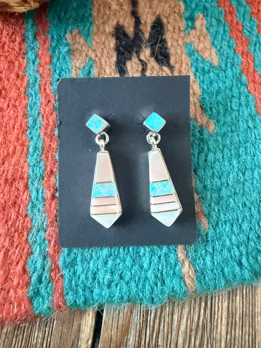Handcrafted Mother of Pearl, Opal & Sterling Silver Inlay Dangle Earrings
