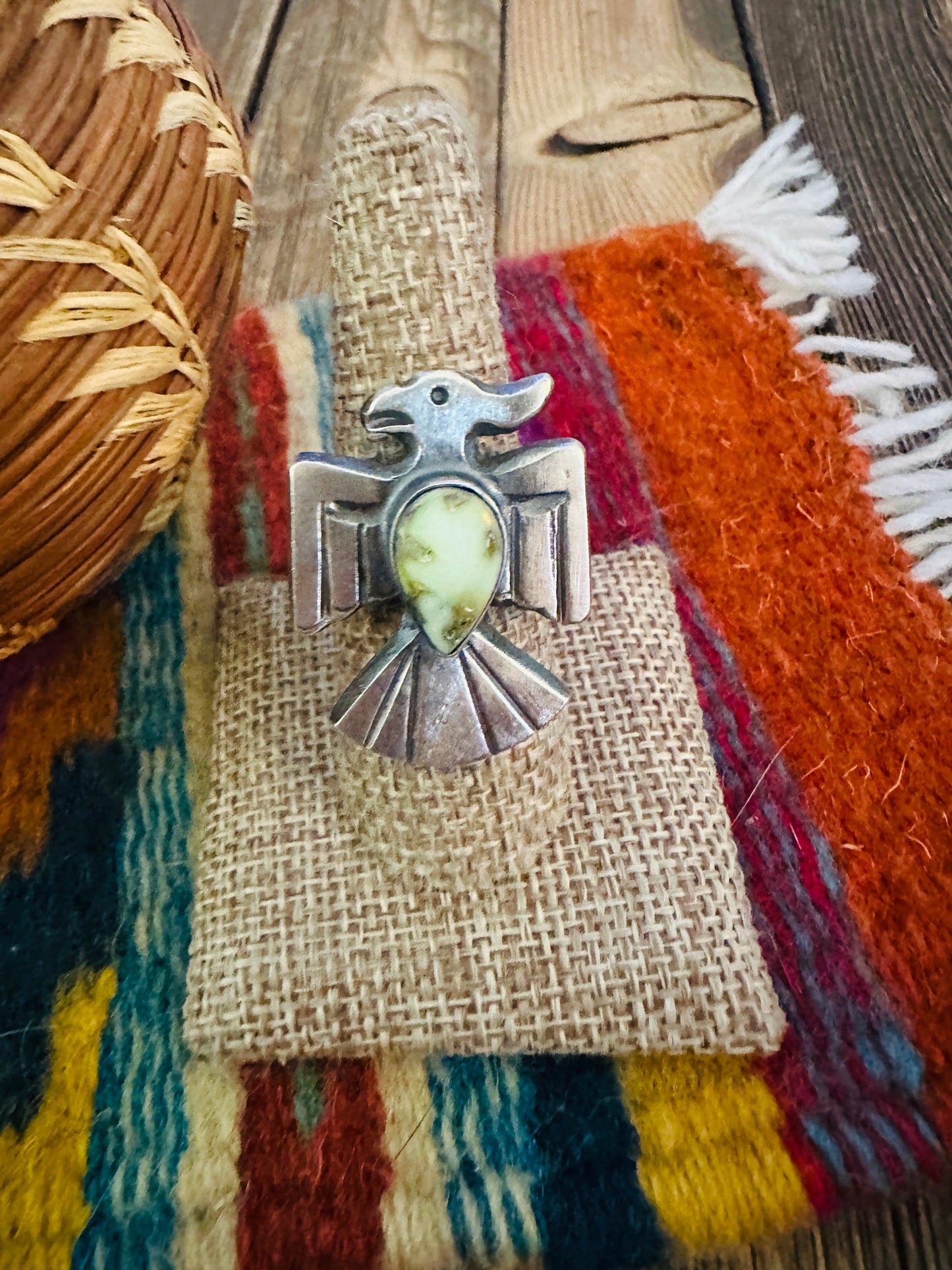 Handcrafted Palomino Turquoise and Sterling Silver Thunderbird Ring size 7.75 by Chimney Butte