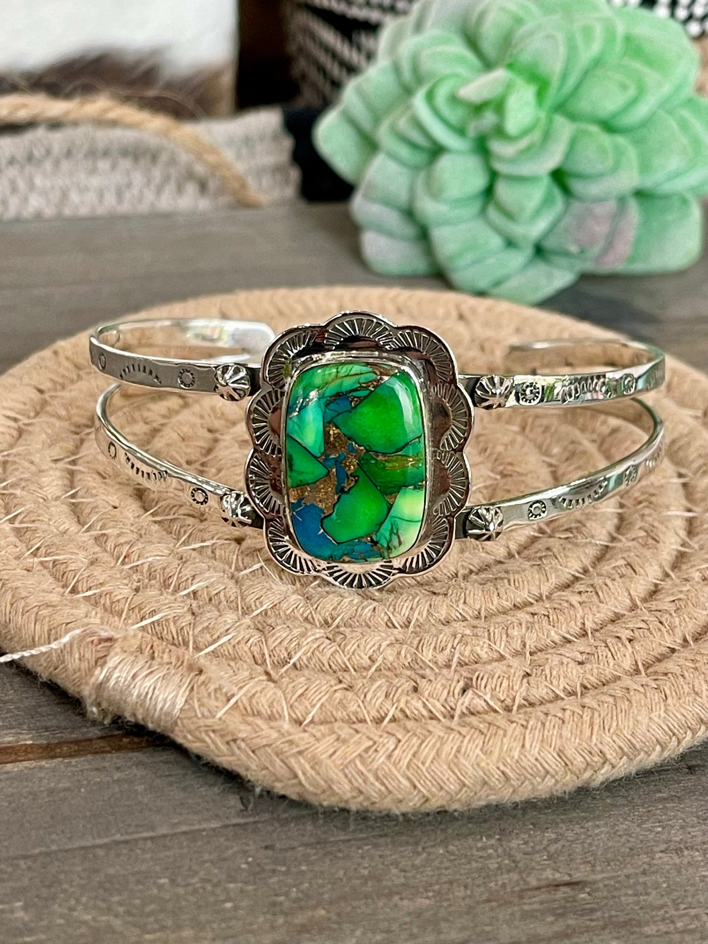 Handmade Sterling Silver & Peacock Dahlia Cuff Bracelet
