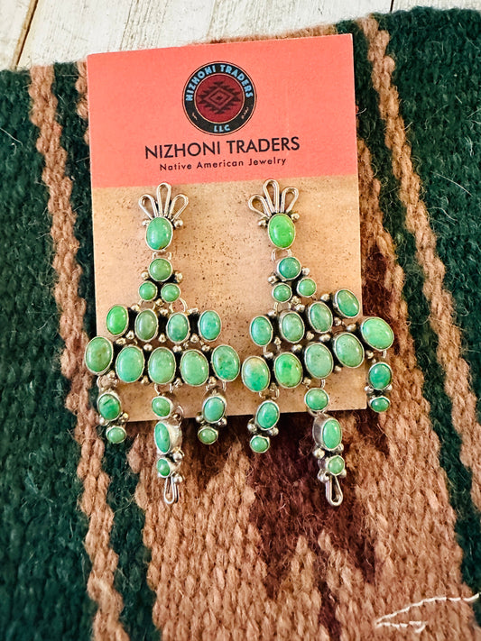 Handcrafted Green Turquoise & Sterling Silver Cluster Dangle Earrings
