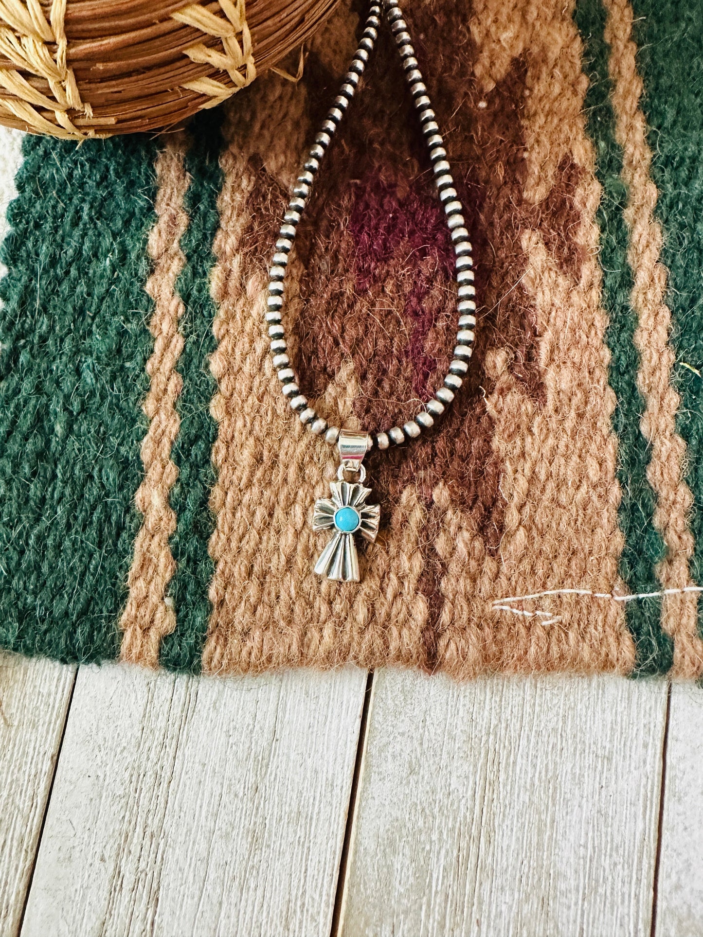 Handcrafted Turquoise & Sterling Silver Mini Cross Pendant