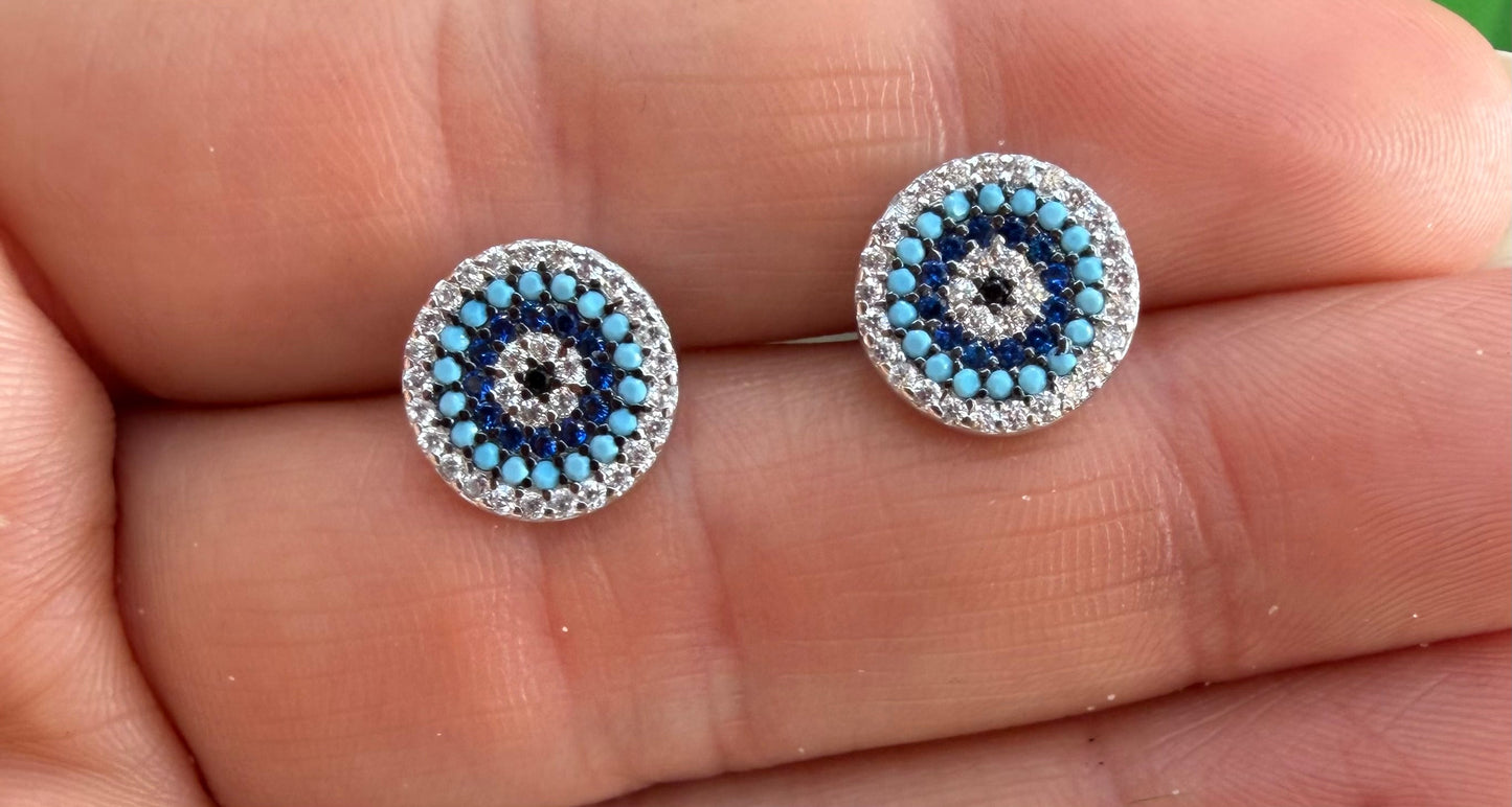 Evil Eye Blue Round CZ Sterling Silver Stud Earrings