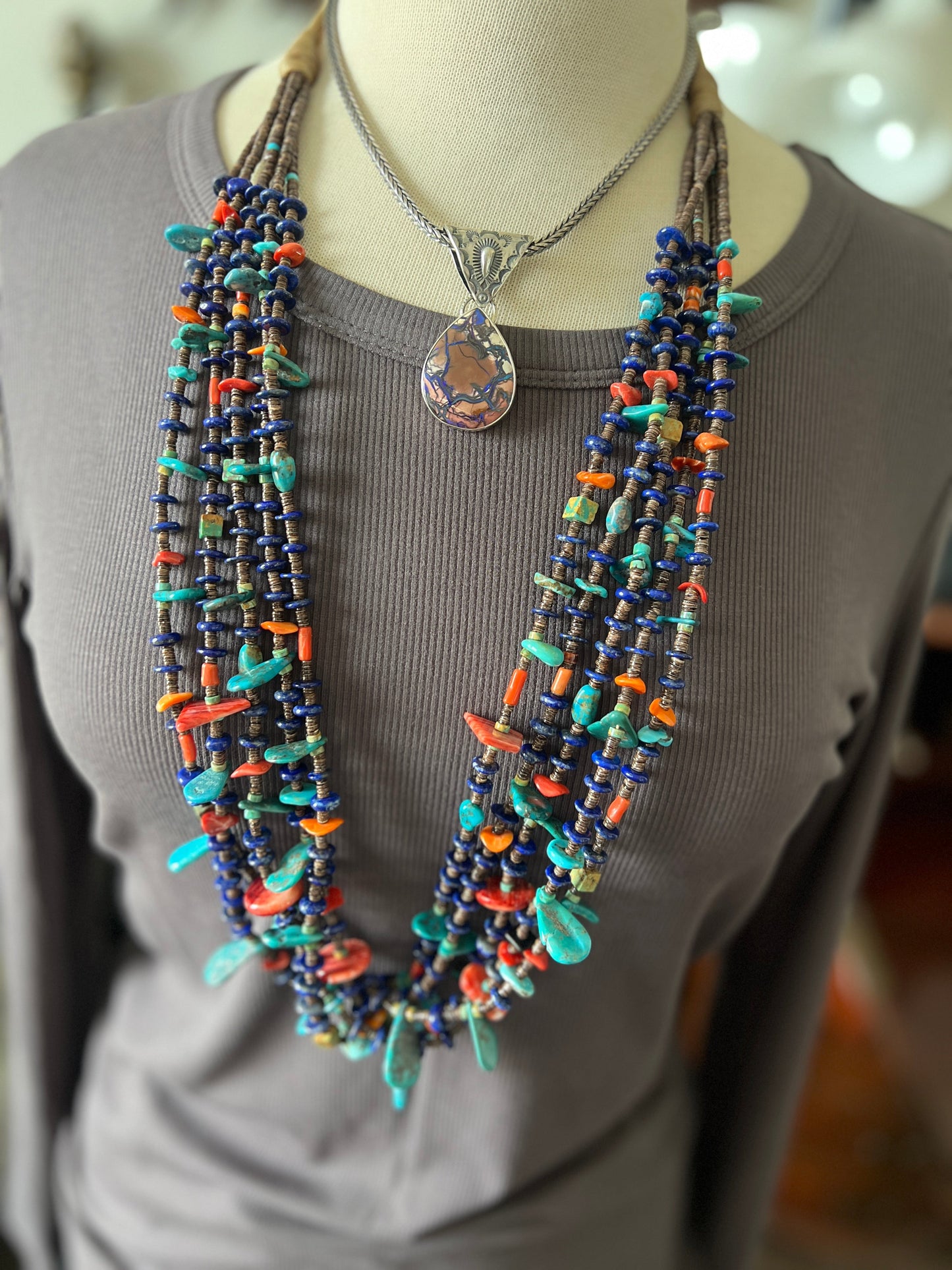 Gorgeous Handcrafted Made Five Strand Lapis, Spiny Oyster and Turquoise Beaded Squaw Wrap Necklace with Tabs by Daniel Coriz