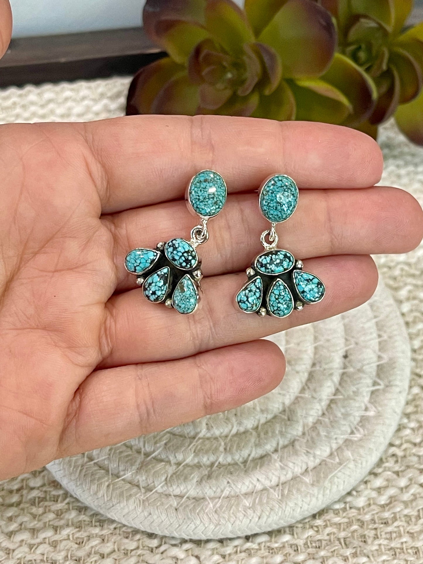 Handmade Sterling Silver Number 8 Turquoise Post Dangle Earrings with Signed Nizhoni