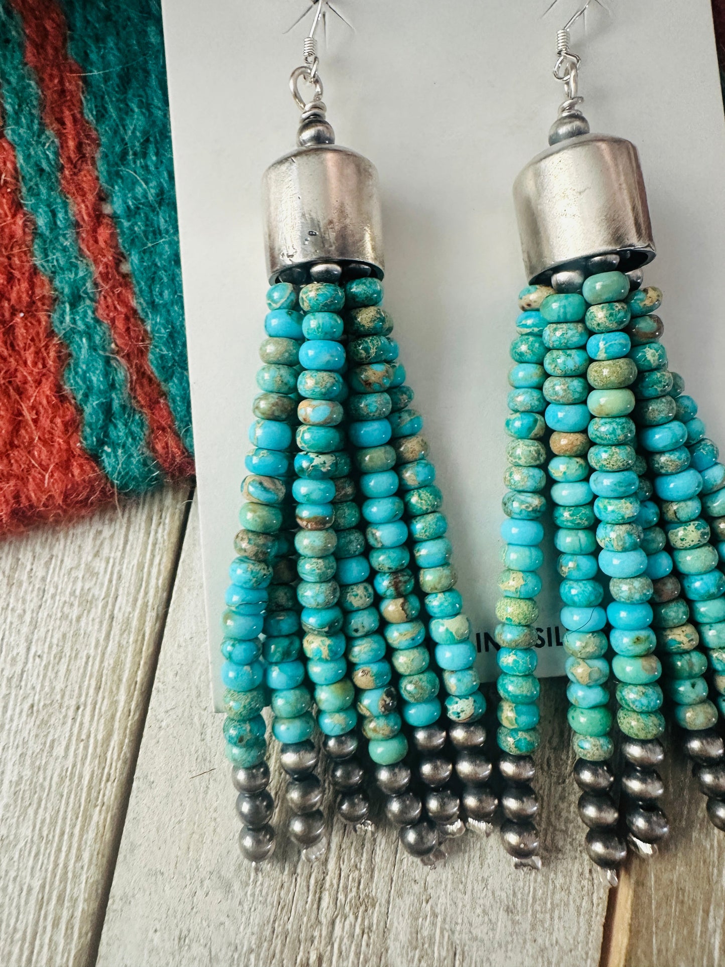 Handcrafted Lighter Turquoise & Sterling Silver Pearl Beaded Tassel Dangle Earrings