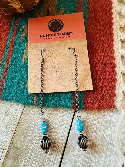 Handcrafted Turquoise & Sterling Silver Chain Dangle Earrings