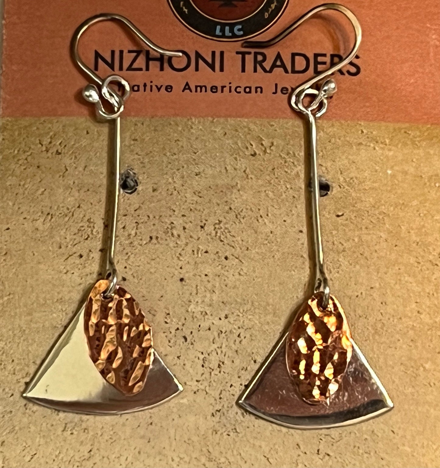 Scoured Copper & Sterling Silver Shaped Drop Earrings
