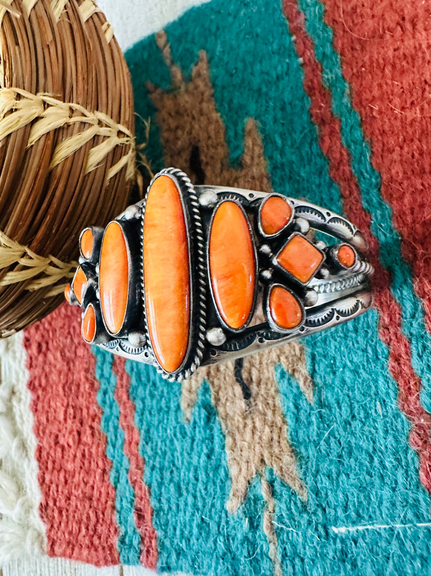Handcrafted Sterling Silver & Orange Spiny Cuff Bracelet by Diane Wylie NF