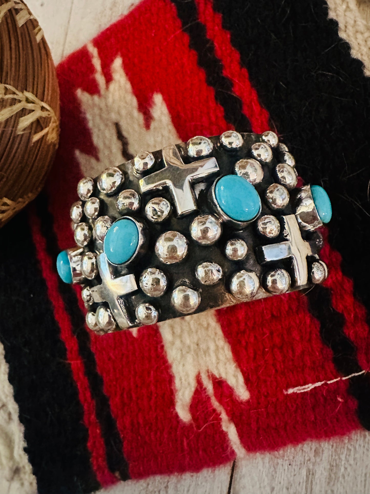 Handcrafted Turquoise & Sterling Silver Cross Cuff Bracelet By Chimney Butte /